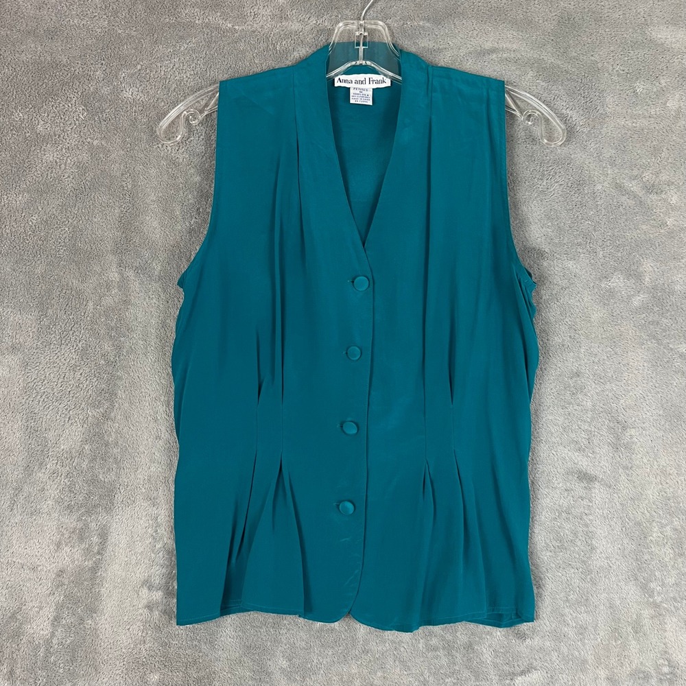 Vintage Anna And Frank Blouse Womens Petitie M 100% Silk Tailored Career